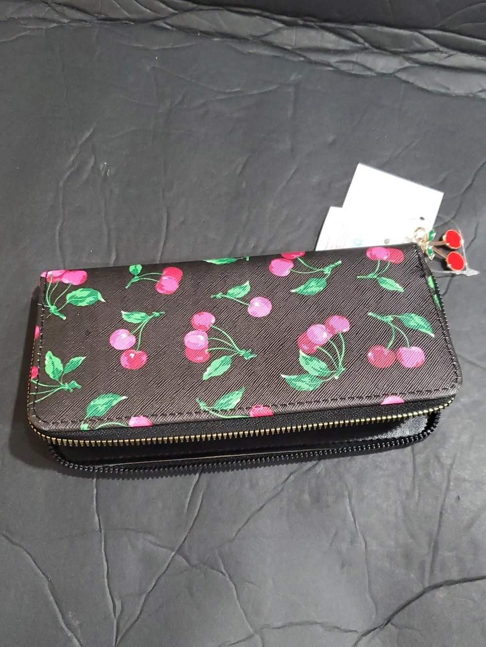 Black and pink cherry printed zip around long wallet with cherry charm brand new